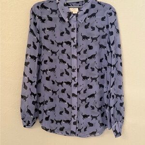 Kate Spade Black Cat Silk Blouse Size 2 Cats Sheer Purple Blue